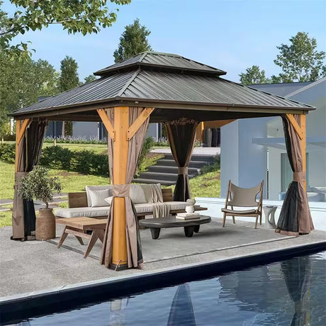 12 Ft. X 14 Ft. Outdoor Cedar Wood Frame Patio Gazebo Canopy with Galvanized Steel Hardtop Pavilion Curtain and Netting