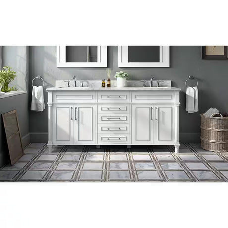 Aberdeen 72 In. Double Sink Freestanding White Bath Vanity with Carrara Marble Top (Assembled)
