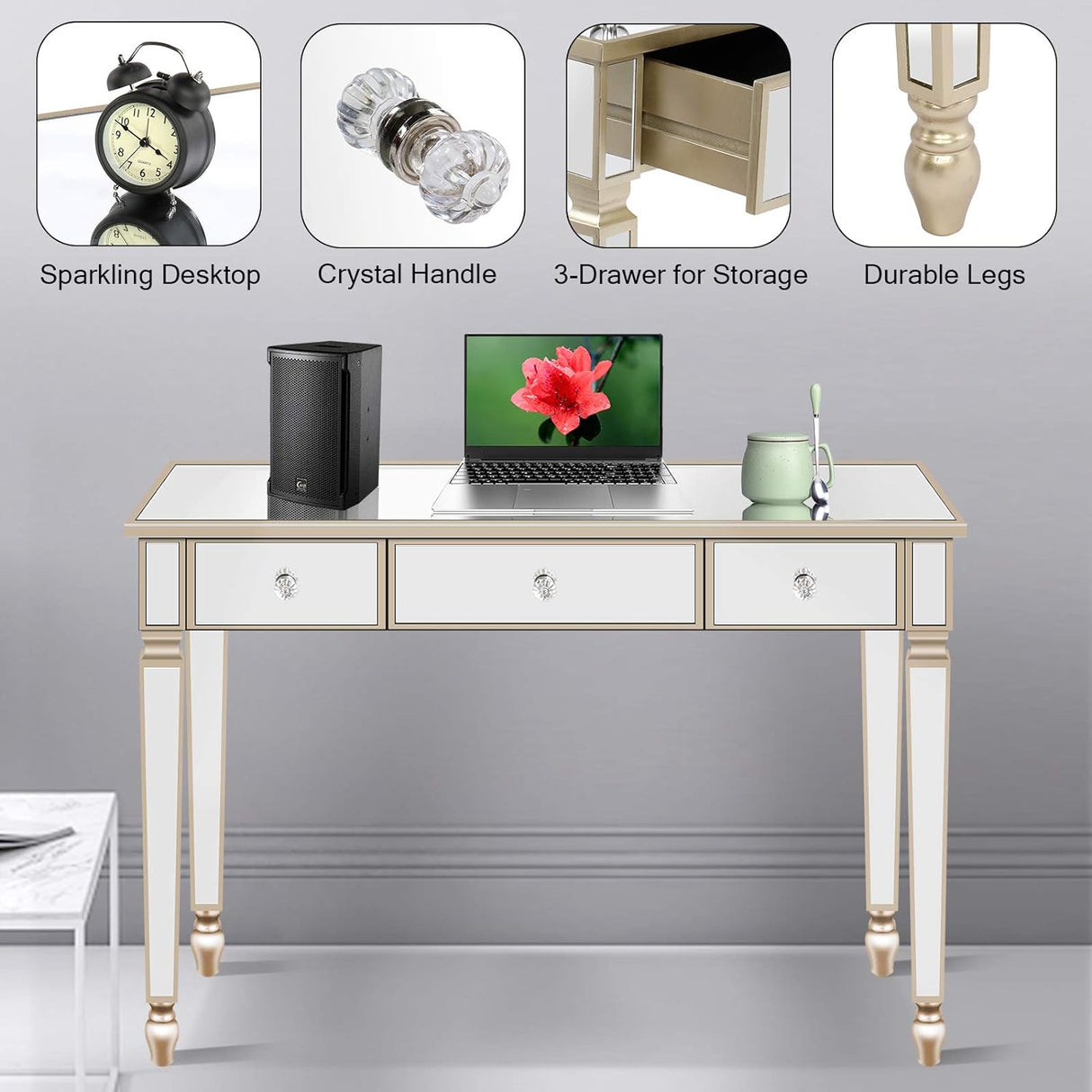 Mirrored Console Table,Mirrored Makeup Vanity Table Desk, 3 Drawer Media Console Table for Women Home Office Writing Desk Smooth Finish with Crystal-Style Knobs (Champagne Gold)