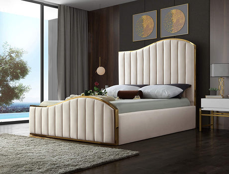 Jolie Collection Modern | Contemporary Velvet Upholstered Bed with Channel Tufting, and Polished Gold Metal Frame, Cream, Queen