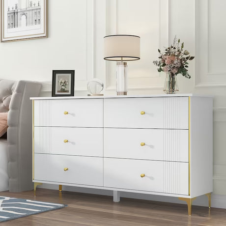 FUFU&GAGA Contemporary White 6-Drawer Dresser with Gold Inlaid Handles and Metal Legs, Spacious Storage, Durable Construction