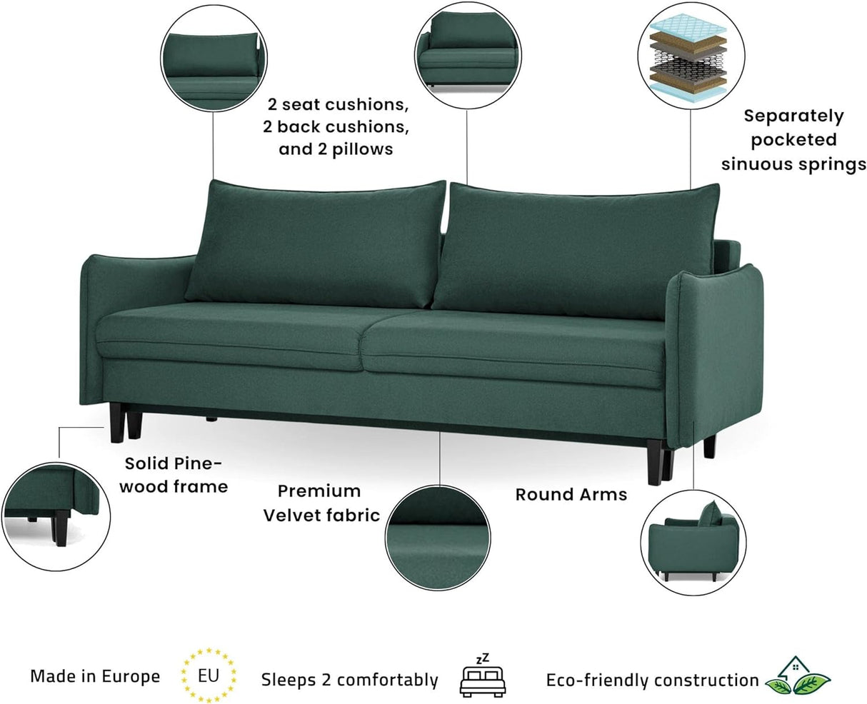 Modern Carmella Sleeper Sofa - Storage Pull Out Sofa Bed Pocket Sinuous Springs, Pine Wood Frame, Velvet Upholstery, Sleek Arms, Made in Europe, Queen Size 85In W X 39In D X 35In H – Green