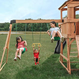 Sterling Point All Cedar Wood Children'S Swing Set Playset with Elevated Clubhouse Balcony Web Swing and Gray Wave Slide
