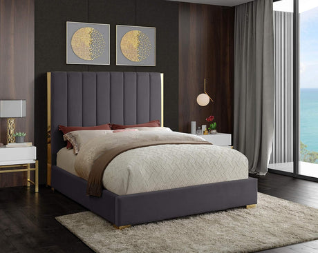 Becca Collection Modern | Contemporary Velvet Upholstered Bed with Deep Channel Tufting and Polished Gold Metal Frame, Grey, Queen