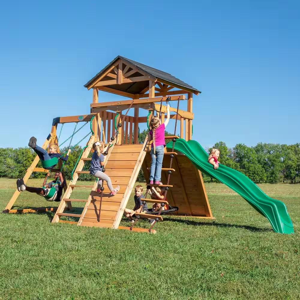 Endeavor All Cedar Wood Children Swing Set Playset W/ Elevated Clubhouse Climbing Wall Swings Web Swing and Green Slide