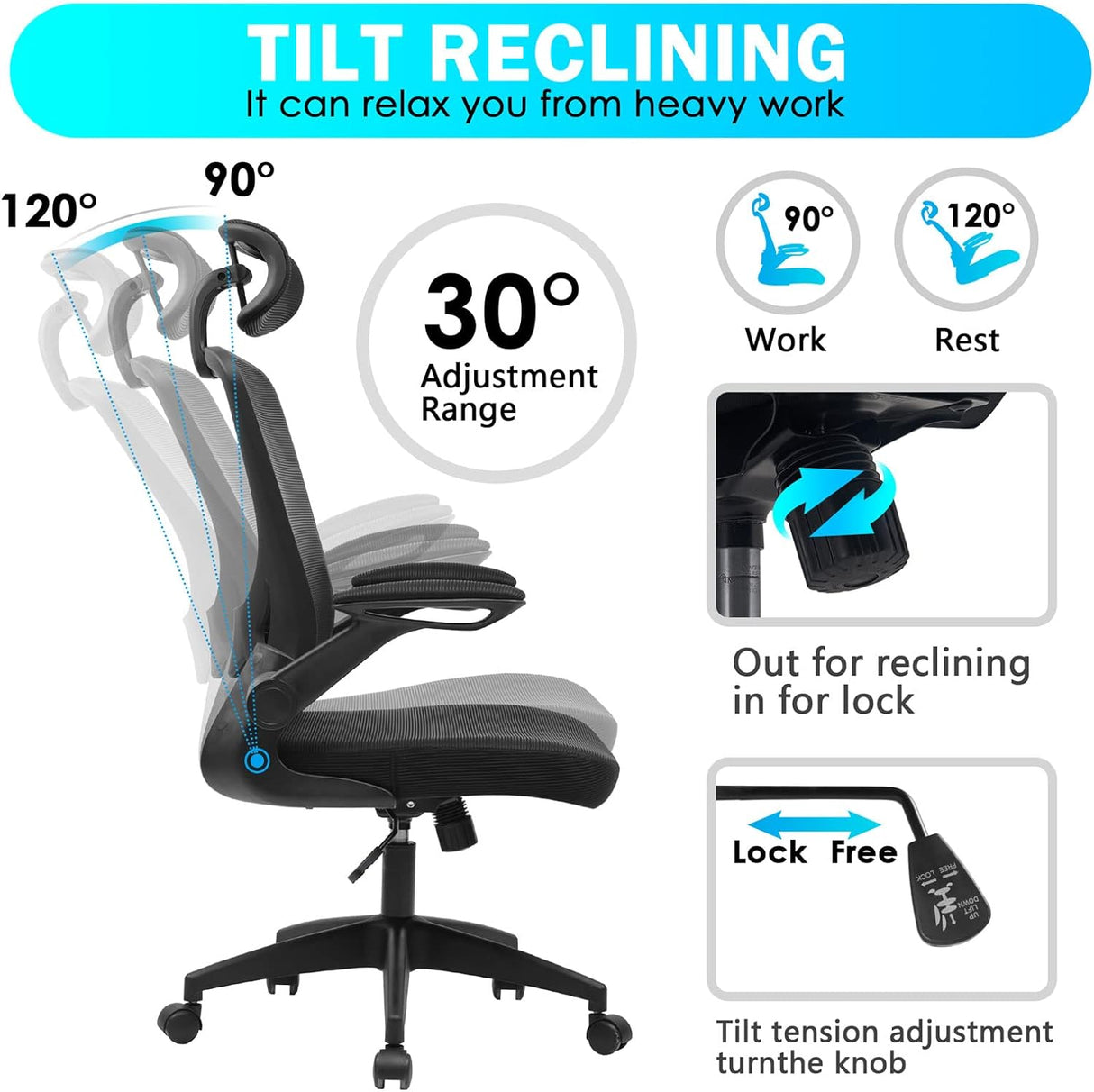 Ergonomic Office Chair, Breathable Mesh Desk Chair with Headrest and Flip-Up Arms for Office,Gaming,Computer Lumbar Support Swivel Task Chair, Adjustable Height,Black