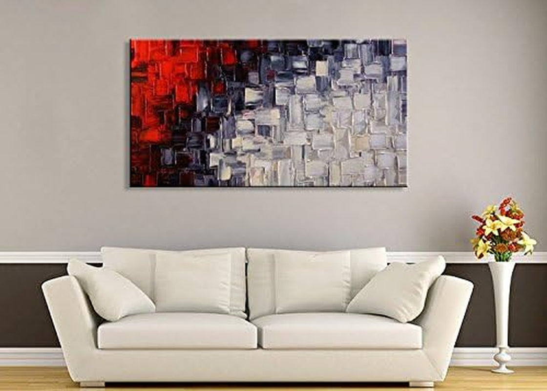 Seekland Hand Painted Red and White Abstract Canvas Wall Art Modern Contemporary Acrylic Painting for Living Room Ready to Hang (Framed 48"W X 24"H)