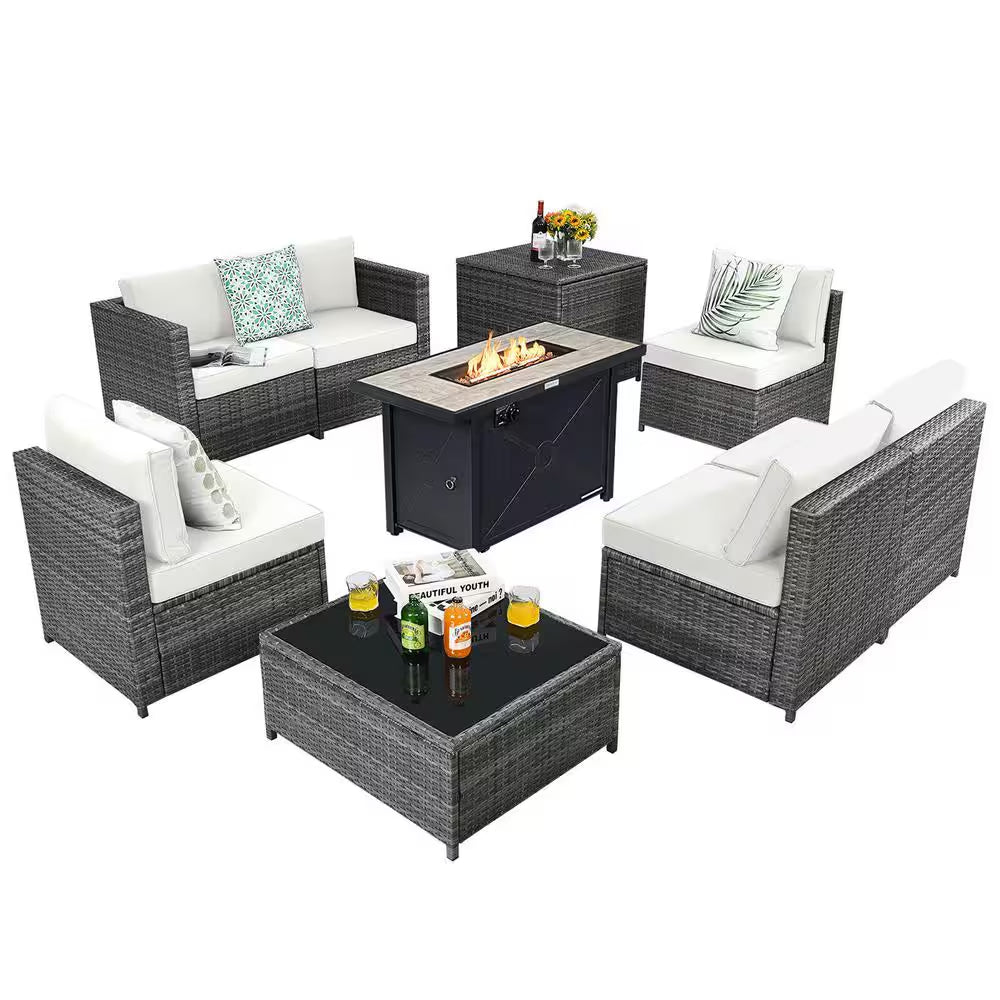 9-Pieces Patio Rattan Furniture Set Fire Pit Table Storage Black with Cover off White
