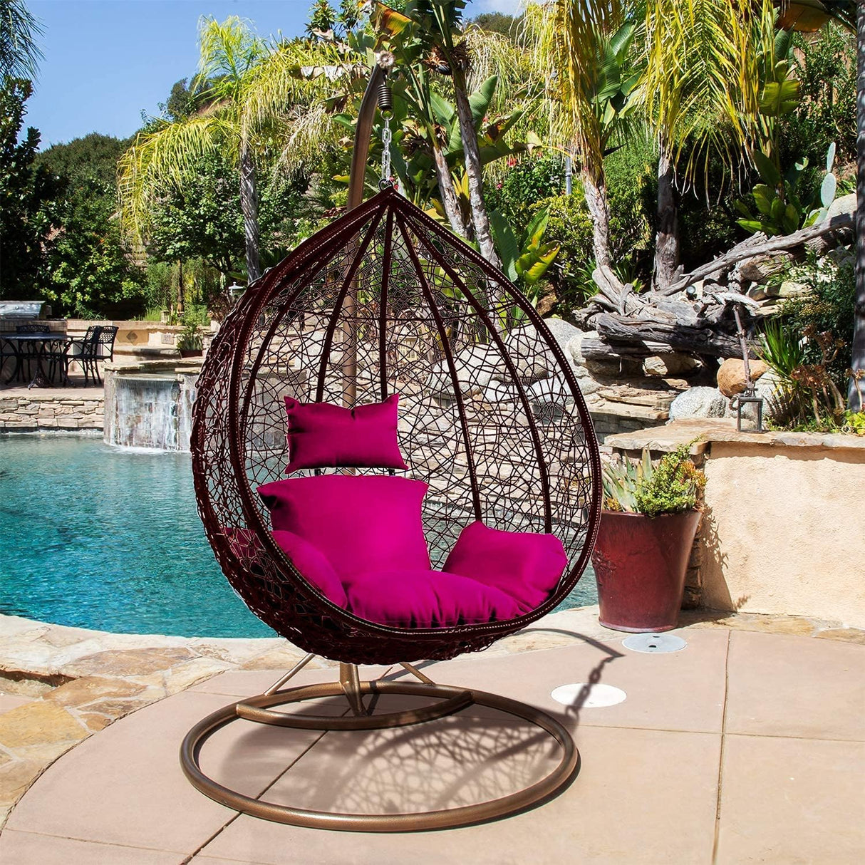 Patio Swing Chair Outdoor Wicker Plastic Tear Drop Swing Lounge Chair with Mat & Support Frame