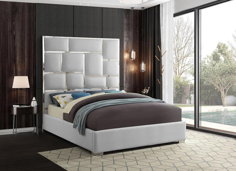Milan Collection Modern | Contemporary Vegan Leather Upholstered Bed with Custom Chrome Metal Legs and Geometric Designed Headboard, King, White