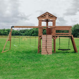 Sterling Point All Cedar Wood Children'S Swing Set Playset with Elevated Clubhouse Balcony Web Swing and Gray Wave Slide