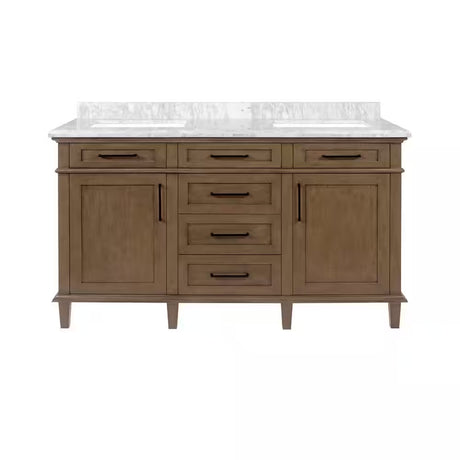 Sonoma 60 In. Double Sink Freestanding Almond Latte Bath Vanity with Carrara Marble Top (Assembled)