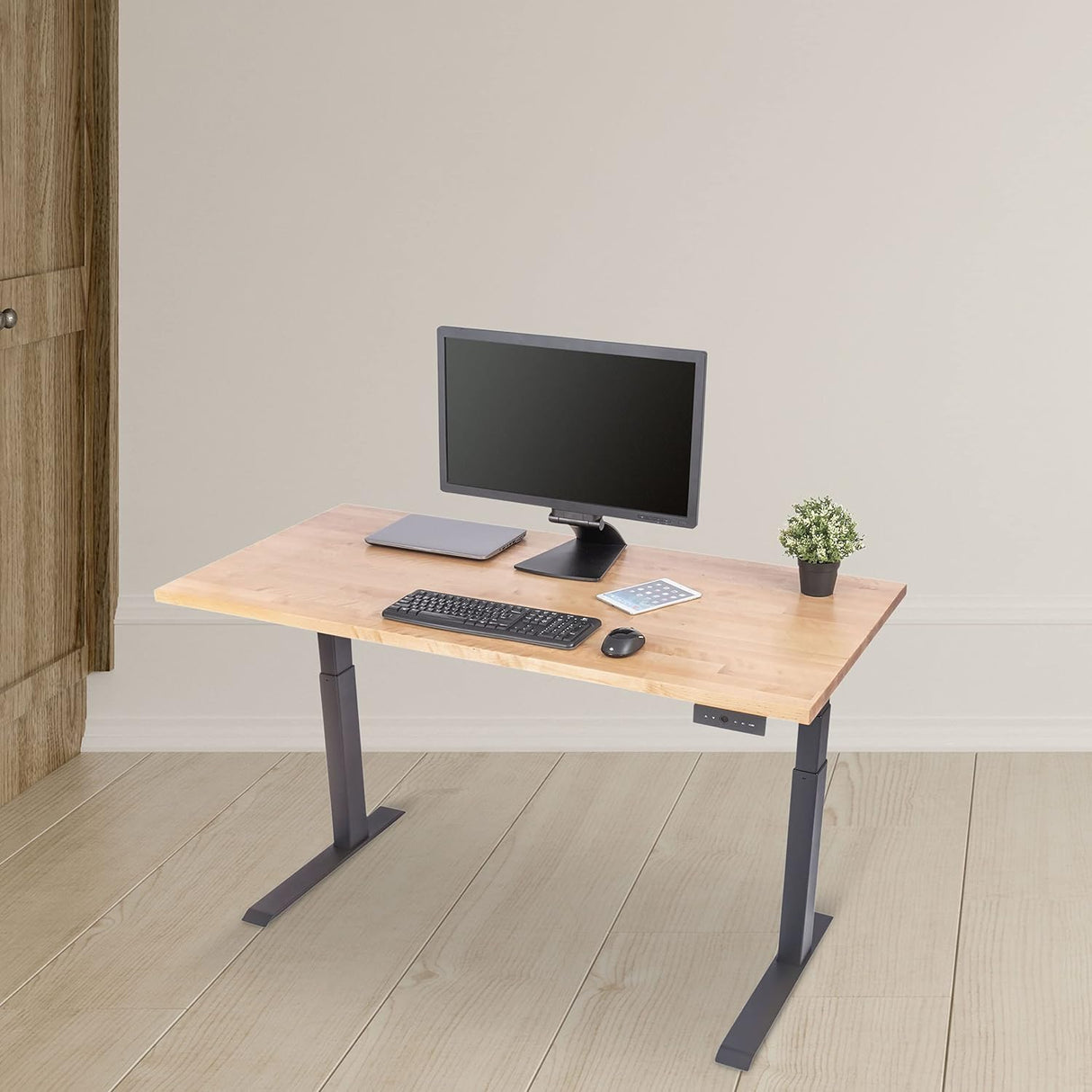 Stand up Desk Store Solid Wood Top Electric Adjustable Height Standing Desk with Programmable Memory (Charcoal Frame/Natural Birch Top, 60" Wide)