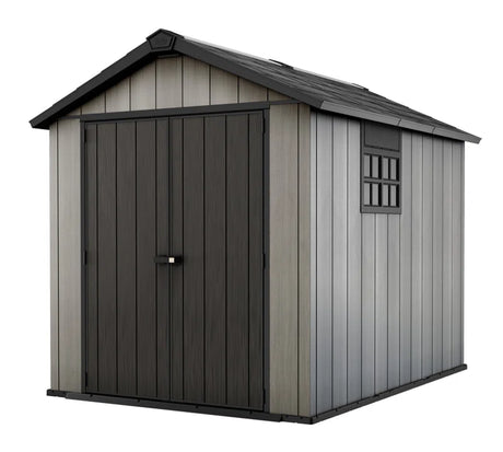 Keter Oakland 7.5X9 Ft. Resin Outdoor Storage Shed with Floor for Patio Furniture and Tools, Grey