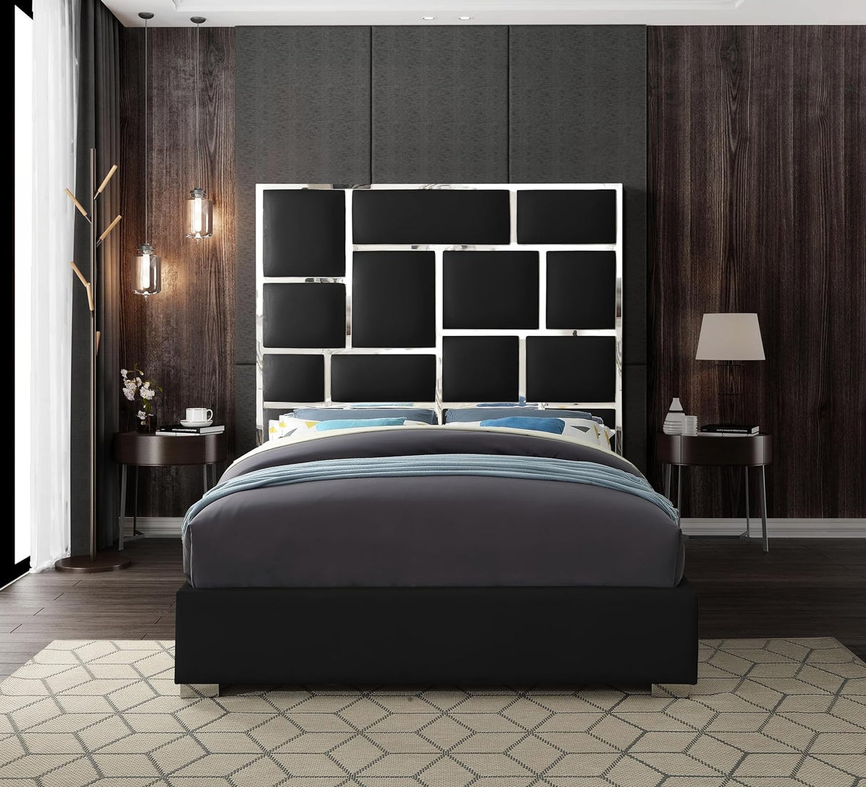 Milan Collection Modern | Contemporary Vegan Leather Upholstered Bed with Custom Chrome Metal Legs and Geometric Designed Headboard, Queen, Black