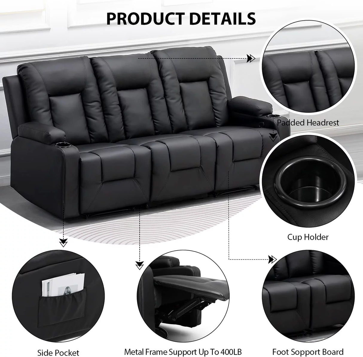 COMHOMA Recline Chair Set，Furniture Bonded Leather Recliner Set Living Room Set, Sofa, Loveseat, (Black, Living Room Set 3+1+1)