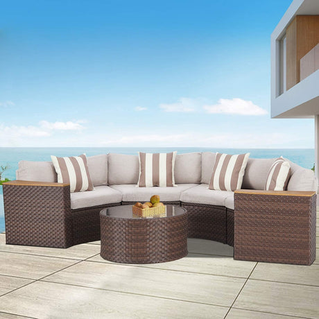 5-Piece Outdoor Sectional Sofa Half-Moon Patio Conversation Set All Weather Brown Wicker Sectional Couch with round Tempered Glass Table and Beige Cushions