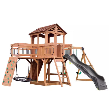 Sterling Point All Cedar Wood Children'S Swing Set Playset with Elevated Clubhouse Balcony Web Swing and Gray Wave Slide