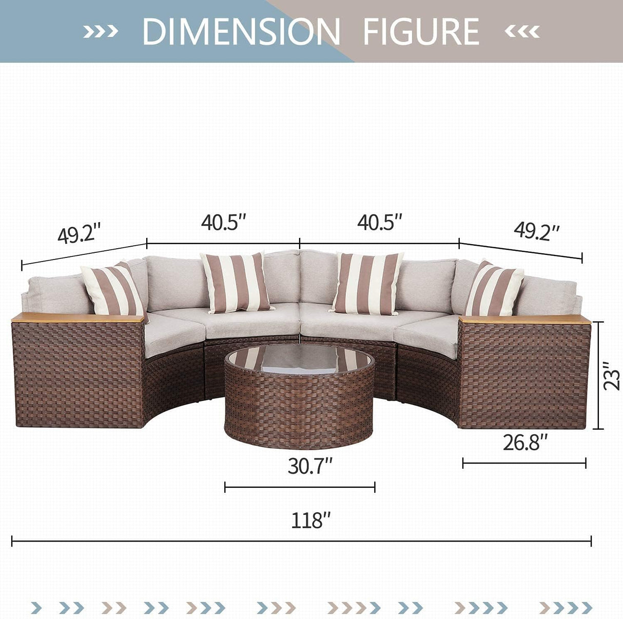 5-Piece Outdoor Sectional Sofa Half-Moon Patio Conversation Set All Weather Brown Wicker Sectional Couch with round Tempered Glass Table and Beige Cushions