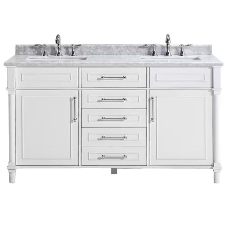 Aberdeen 60 In. Double Sink Freestanding White Bath Vanity with Carrara Marble Top (Assembled)
