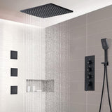 16'' Thermostatic Ceiling Mount Rainfall Shower System with Hand Shower & Body Spray Jets Rain Shower Head 3-Way Shower Valve Bathroom Shower Combo Set in Matte Black