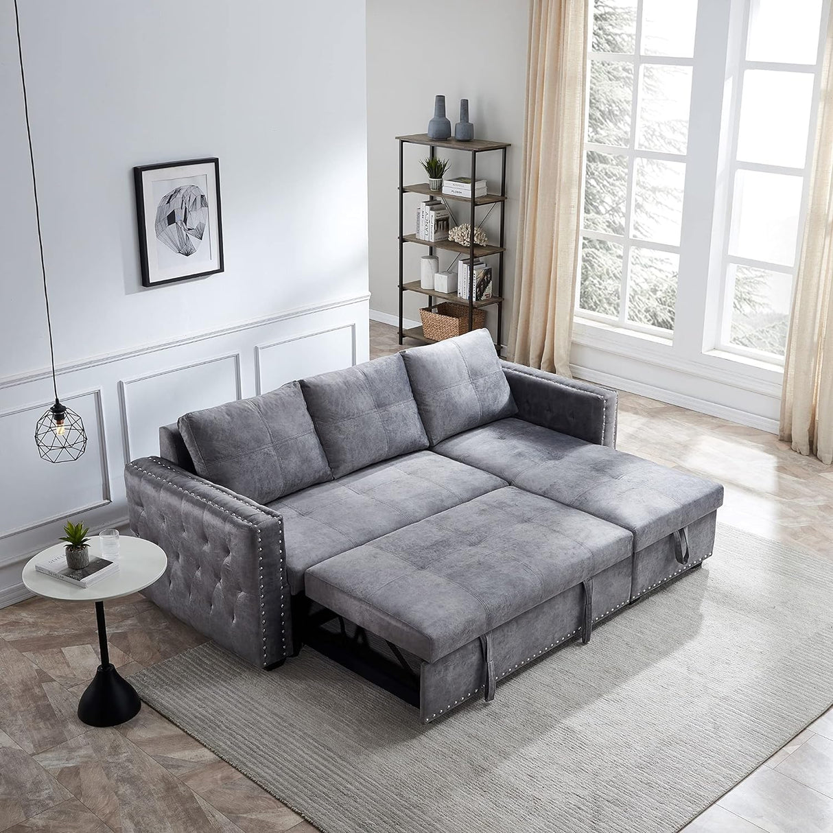 Sectional Sofa with Storage, Pull-Out Couch Sleeper, L-Shaped Corner Sofa Bed with Lounge Chaise, 3 Seater Furniture Set for Living Room (Gray)