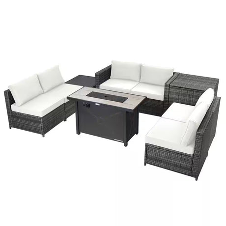 9-Pieces Patio Rattan Furniture Set Fire Pit Table Storage Black with Cover off White