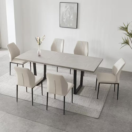 7-Piece Set of 6 White Chairs and Retractable Dining Table, Dining Table Set, Dining Room Set with 6 Modern Chairs