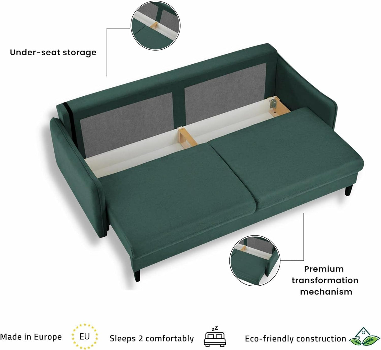 Modern Carmella Sleeper Sofa - Storage Pull Out Sofa Bed Pocket Sinuous Springs, Pine Wood Frame, Velvet Upholstery, Sleek Arms, Made in Europe, Queen Size 85In W X 39In D X 35In H – Green