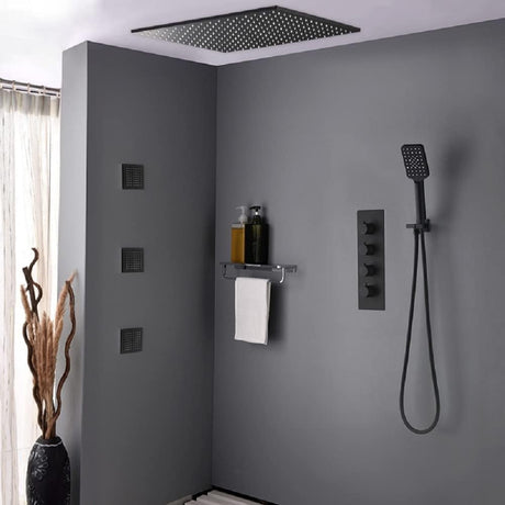 16'' Thermostatic Ceiling Mount Rainfall Shower System with Hand Shower & Body Spray Jets Rain Shower Head 3-Way Shower Valve Bathroom Shower Combo Set in Matte Black