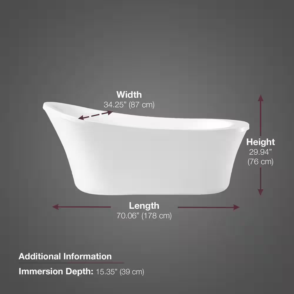 Aiden 70 In. L X 34.25 In. W Acrylic Freestanding Soaking Bathtub in White with Overflow and Drain Included