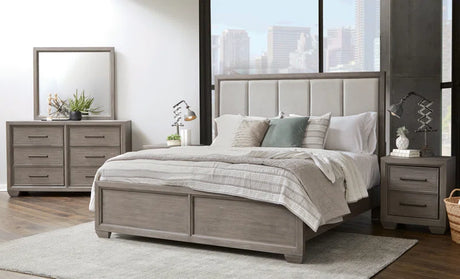 Ennesley Gray Wood Bedroom Set with Upholstered Panel, Dresser, Mirror, and 2 Nightstands