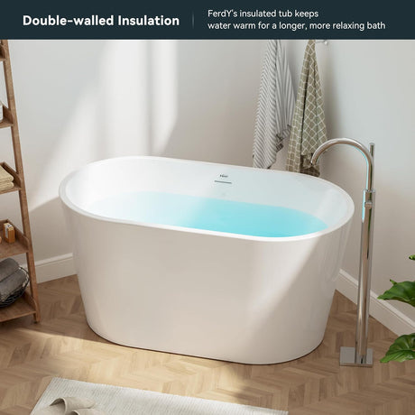 Shangri-La 47" Acrylic Freestanding Bathtub, Small Classic Oval Shape Acrylic Soaking Bathtub with Brushed Nickel Drain & Minimalist Linear Design Overflow, Modern White, Cupc Certified