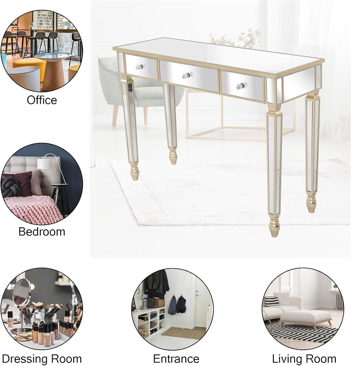 Mirrored Console Table,Mirrored Makeup Vanity Table Desk, 3 Drawer Media Console Table for Women Home Office Writing Desk Smooth Finish with Crystal-Style Knobs (Champagne Gold)