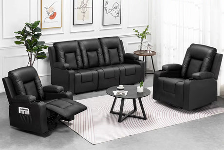 COMHOMA Recline Chair Set，Furniture Bonded Leather Recliner Set Living Room Set, Sofa, Loveseat, (Black, Living Room Set 3+1+1)