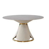 53” Leavader White Sintered Stone round Dining Table Set with Stainless Steel Base with 6 Brown Dining Chairs