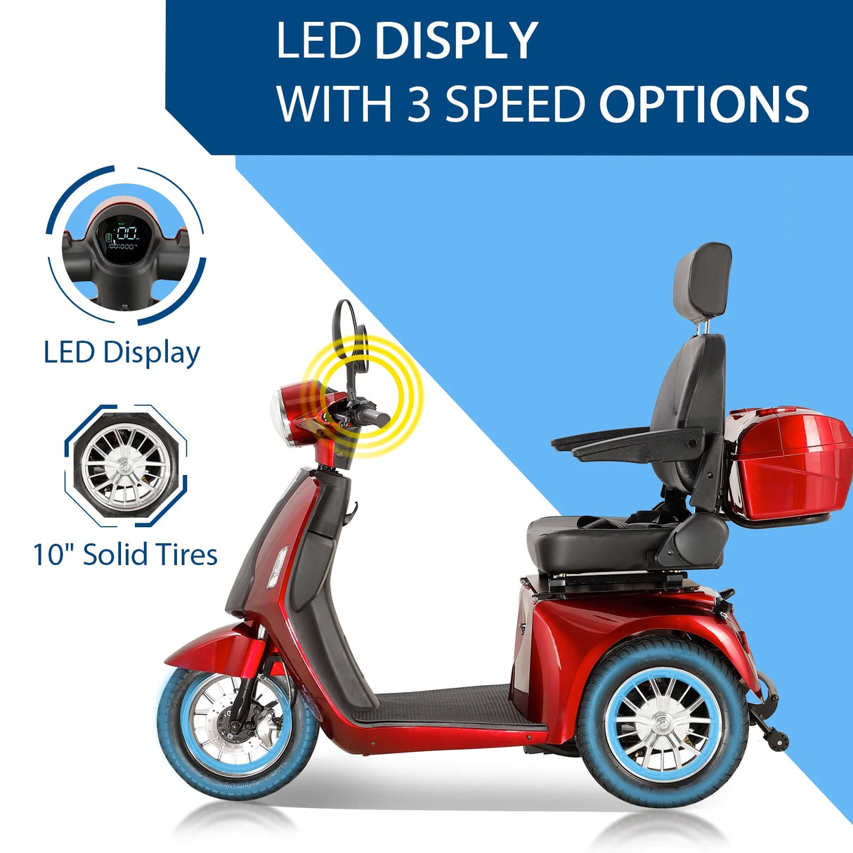 3 Wheels Mobility Scooter for Adults & Seniors,Adjustable Seat and Rear Basket.Heavy Duty Mobile Scooter All Terrain Electric Mobile Scooter Built-In USB Port for Charging (Red )