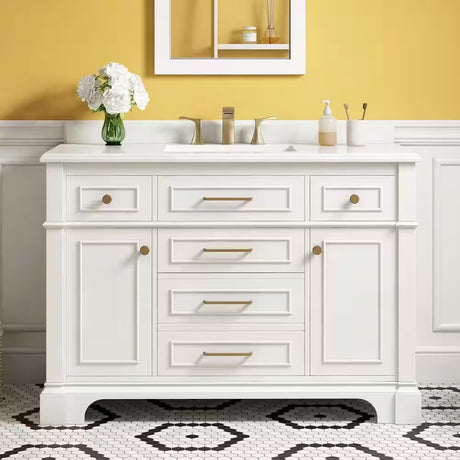 Melpark 48 In. W X 22 In. D X 34 In. H Single Sink Bath Vanity in White with White Engineered Marble Top