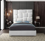 Milan Collection Modern | Contemporary Vegan Leather Upholstered Bed with Custom Chrome Metal Legs and Geometric Designed Headboard, King, White