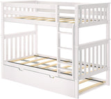 Bunk Bed, Twin-Over-Twin Wood Bed Frame for Kids with Trundle, White