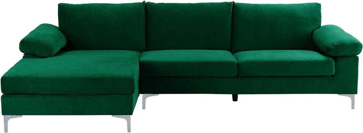 Modern Sectional Sofa L Shaped Velvet Couch, with Extra Wide Chaise Lounge, Large, Green