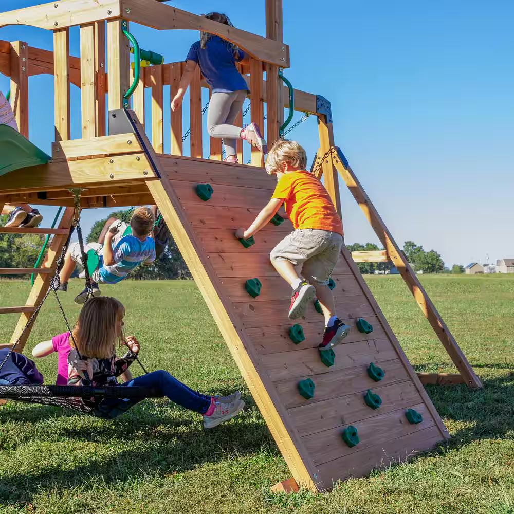 Endeavor All Cedar Wood Children Swing Set Playset W/ Elevated Clubhouse Climbing Wall Swings Web Swing and Green Slide