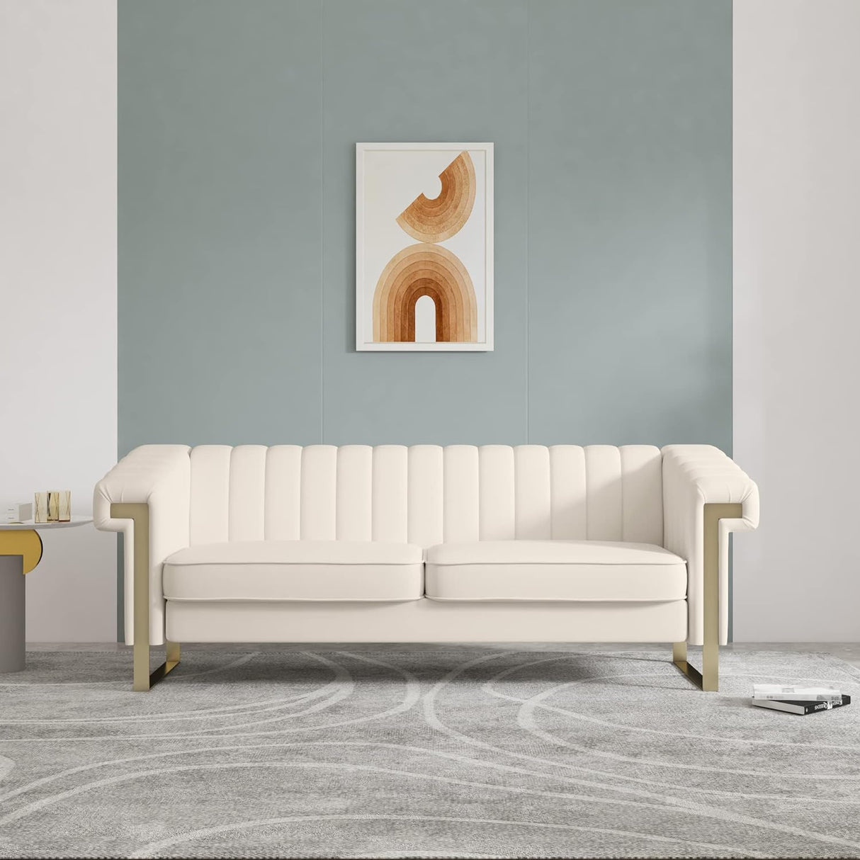 Modern Sofa,Collection Contemporary Velvet Upholstered Sofa Couch with Stainless Steel Base,83.86“ Lx 30.70“ Wx 30.51“ H(Beige)