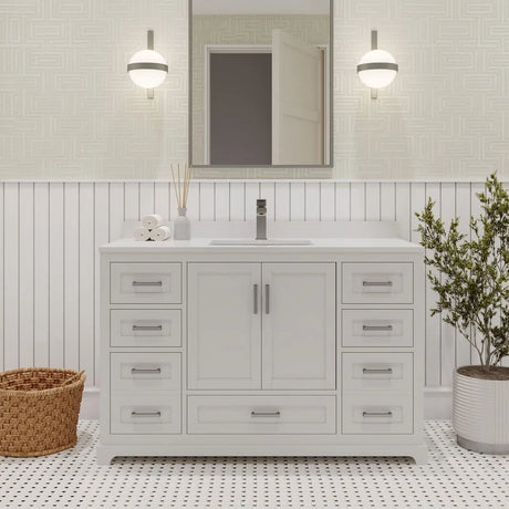 Maya 48 in White Bathroom Vanity Set with White Quartz Countertop | Ceramic Sink | 2 Soft Closing Doors | 7 Full Extention Soft Close Drawer | Brushed Nickel Hardware | AVM48WH3002