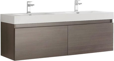 Mezzo 60 Inch Gray Oak Wall Hung Modern Wood Bathroom Vanity - Includes Double Integrated Sink - Faucet Not Included - FCB8042GO-I