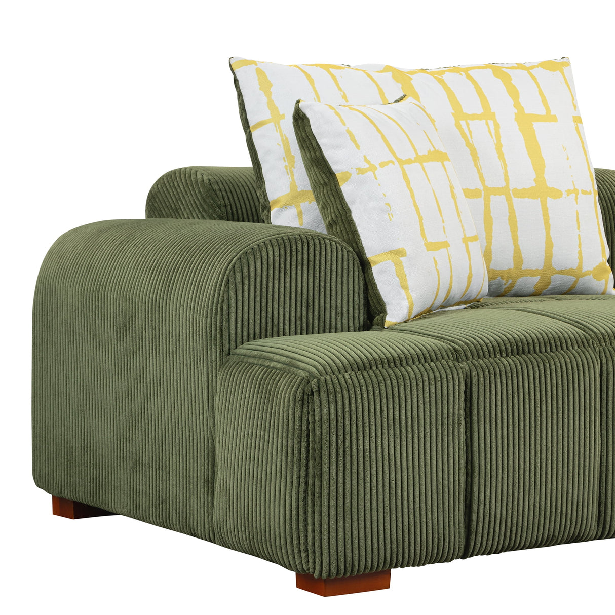 103.9" Modern Couch Corduroy Fabric Comfy Sofa with Rubber Wood Legs, 4 Pillows for Living Room, Bedroom, Office, Green