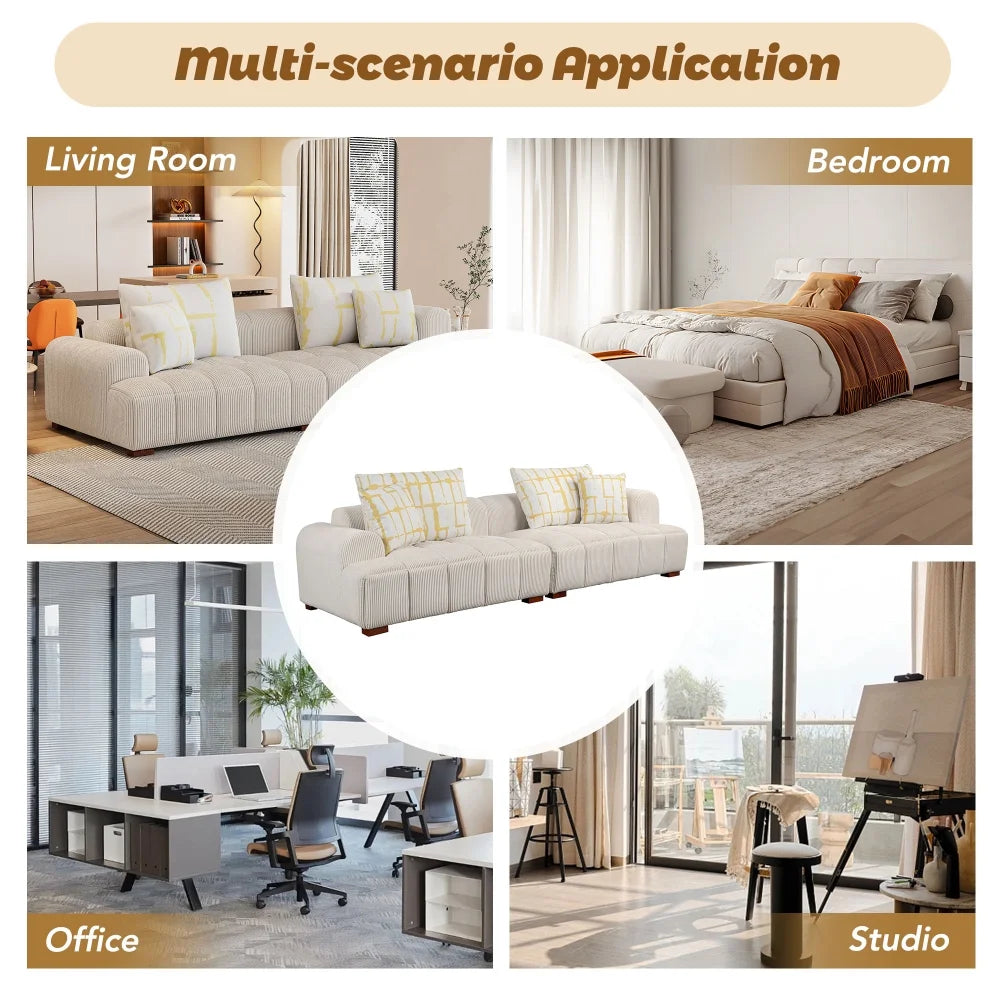 103.9" Modern Cloud Modular Sofa with 4 Pillows, Corduroy Fabric Comfy Sofa with Rubber Wood Legs, 4-Seater Sectional Sofa Couch Set for Living Room Bedroom Office Apartment, Beige