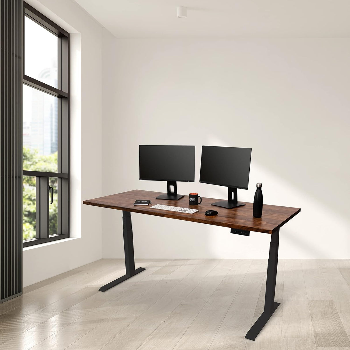 Stand up Desk Store Solid Wood Top Electric Adjustable Height Standing Desk with Programmable Memory (Black Frame/Solid Walnut Top, 71" Wide)