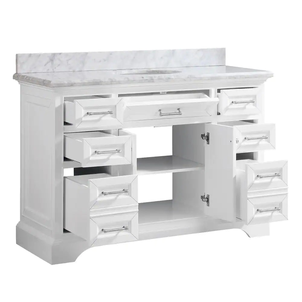 Windlowe 49 In. W X 22 In. D X 35 In. H Freestanding Bath Vanity in White with Carrara White Marble Top