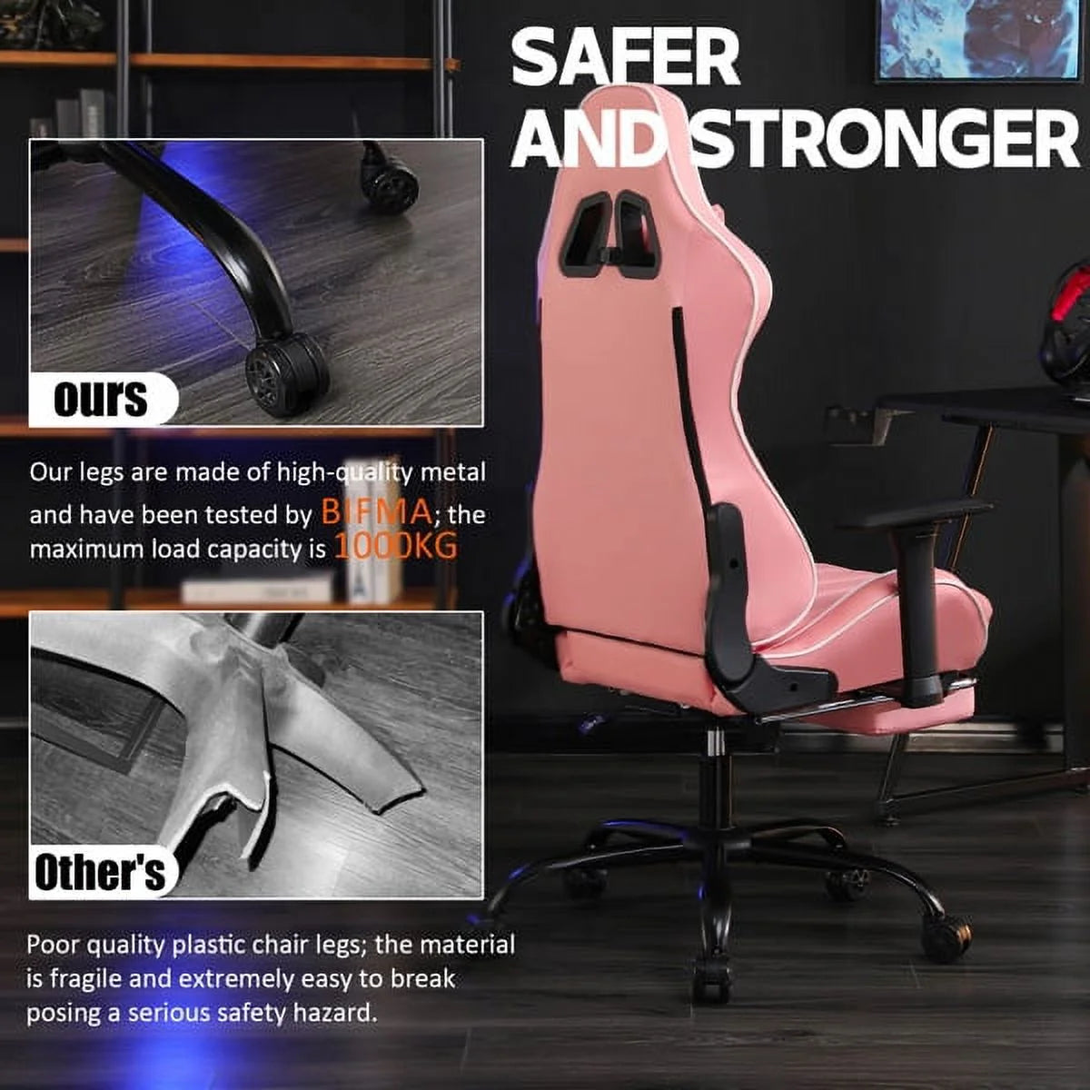 Ergonomic Gaming Chair with Footrest, Wide Computer Chair for Heavy People, Adjustable Height Office Desk Chair with Wheels, Breathable Leather Video Game Chairs
